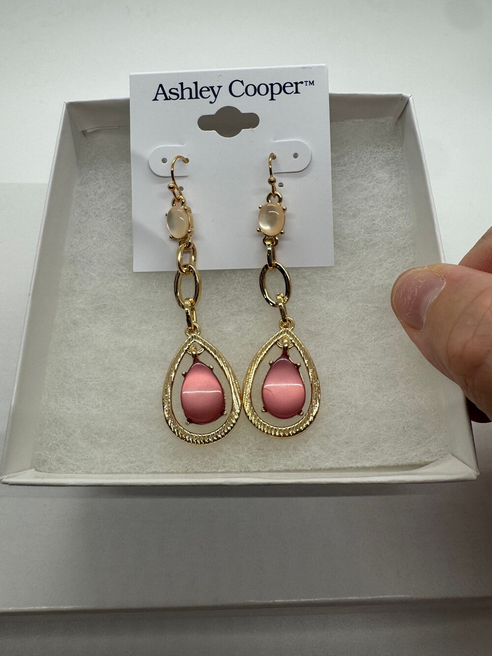 Ashley Cooper Gold Tone Pink Moonstone Teardrop Dangle Earrings New